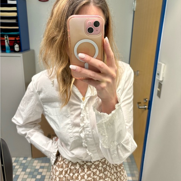 J. Crew Regenerative Cotton Cropped Ruffle Oxford Button Down Blouse Large - Picture 4 of 13